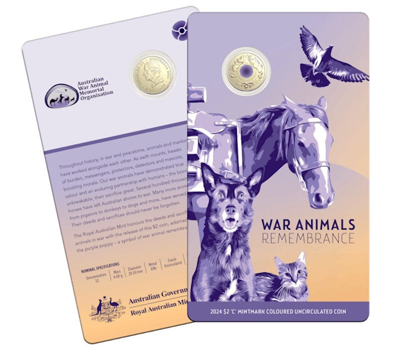 RAM 2024 $2 C MINTMARK COLOURED UNCIRCULATED COIN - WAR ANIMALS REMEMBRANCE (PURPLE POPPY) - (LIMIT OF 1 PER CUSTOMER)