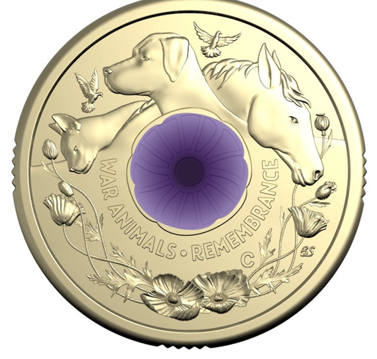 RAM 2024 $2 C MINTMARK COLOURED UNCIRCULATED COIN - WAR ANIMALS REMEMBRANCE (PURPLE POPPY) - (LIMIT OF 1 PER CUSTOMER)